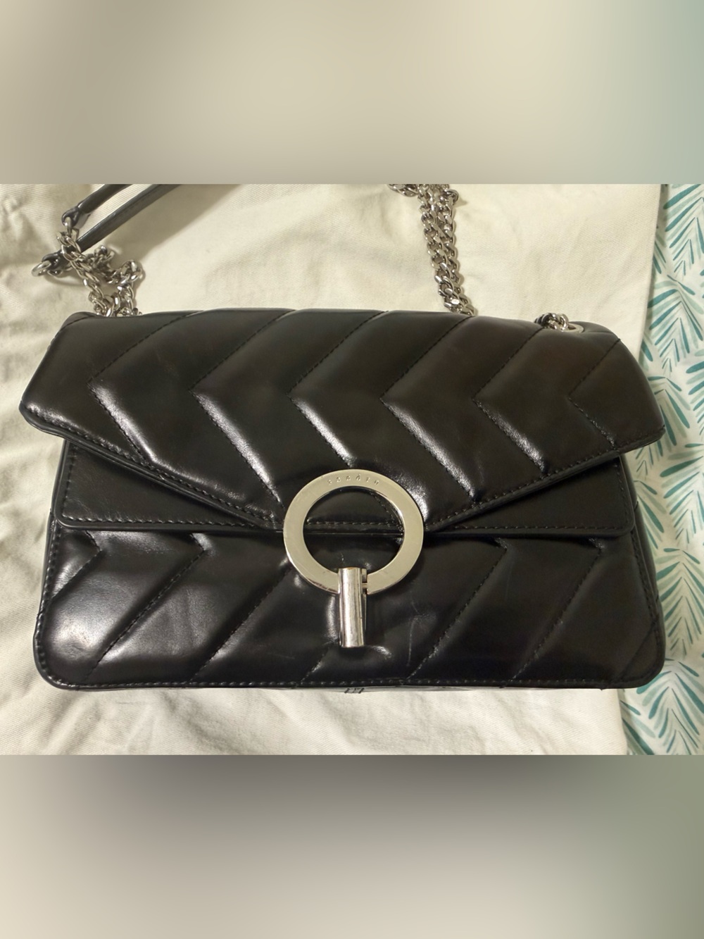 Sandro Black Quilted Chevron Crossbody with Silver Ring Lock